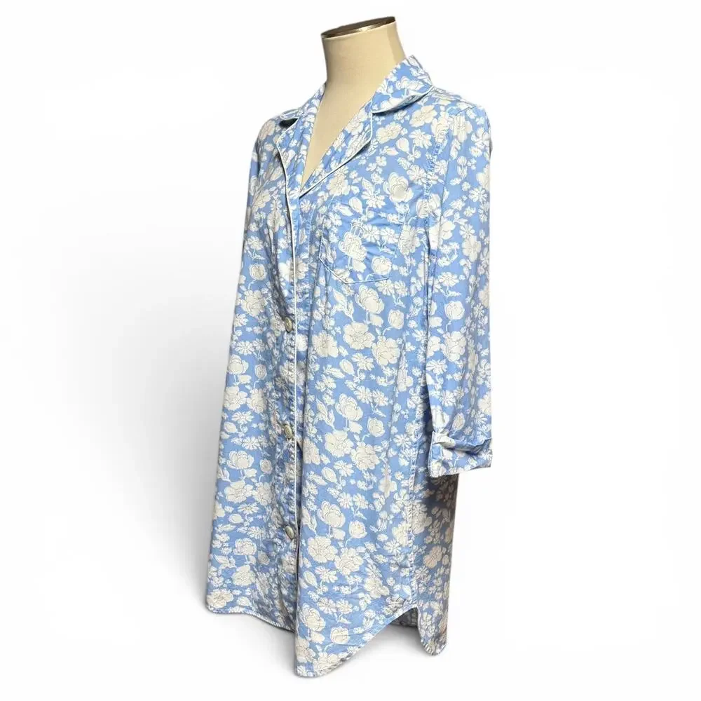 Lauren Ralph Lauren Cotton Button Up Night Shirt Sleep Blue White Floral Medium